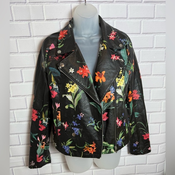 PATRIZIA LUCA Black Leather Jacket Bold Floral Print and Tailored Fit/size S - Picture 1 of 12